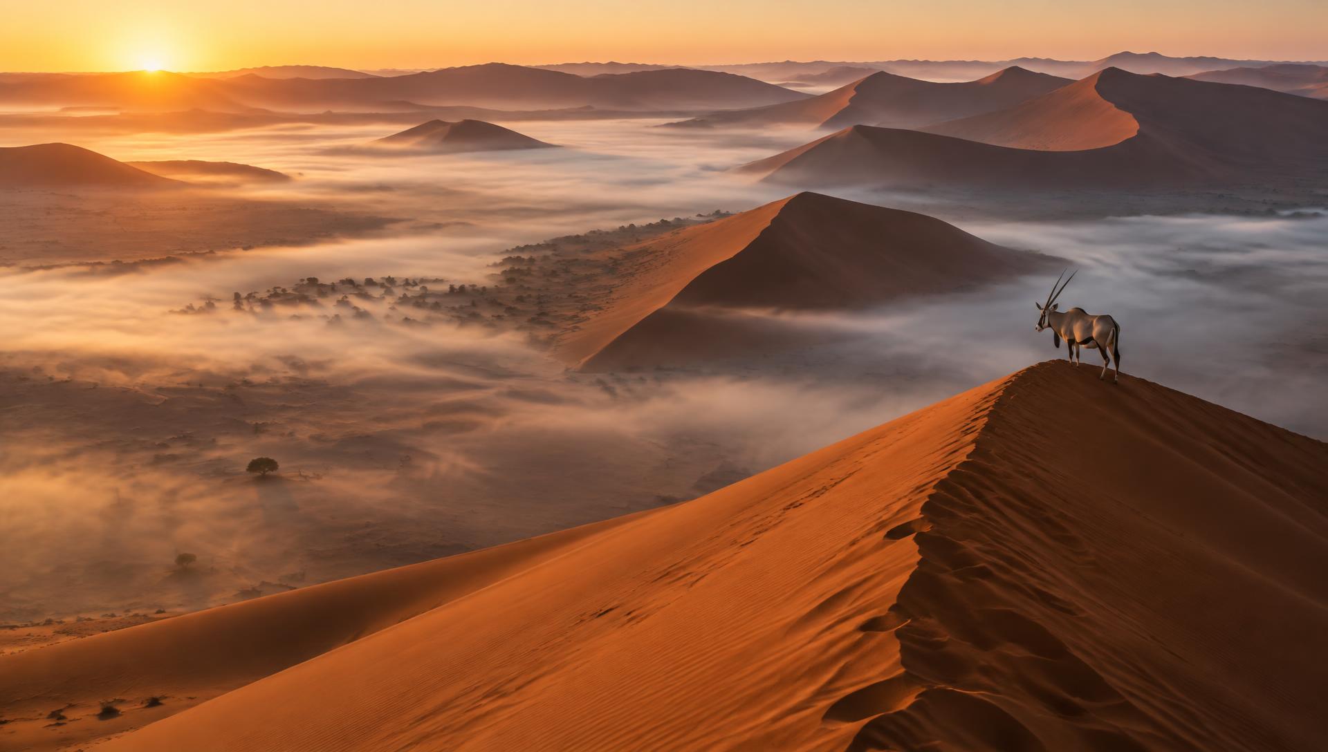 Rote Dünen der Namib im Morgennebel, ein Oryx auf dem Kamm